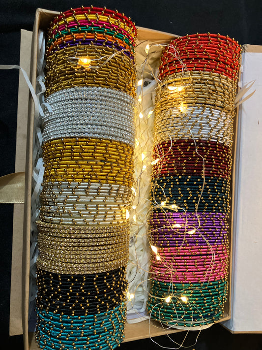 Trending Indian Multi Colored Bangles With Gold Dotted beads 12 sets
