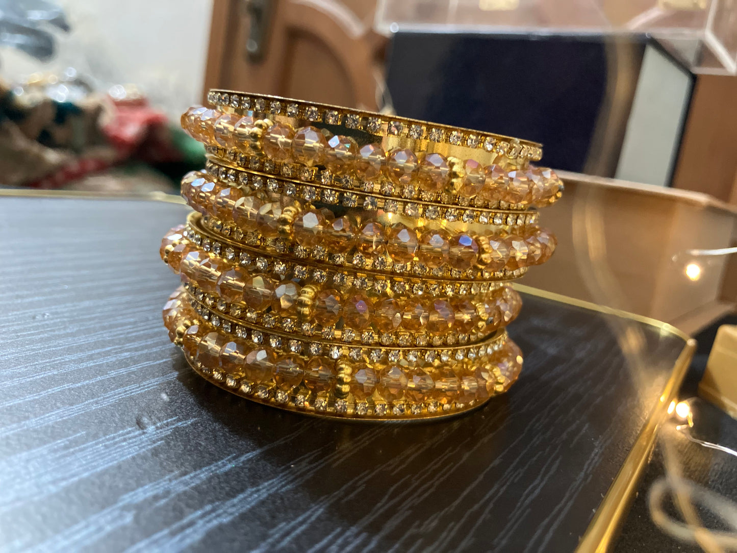 Gold Plated Bangles Decorated With Faceted Beads