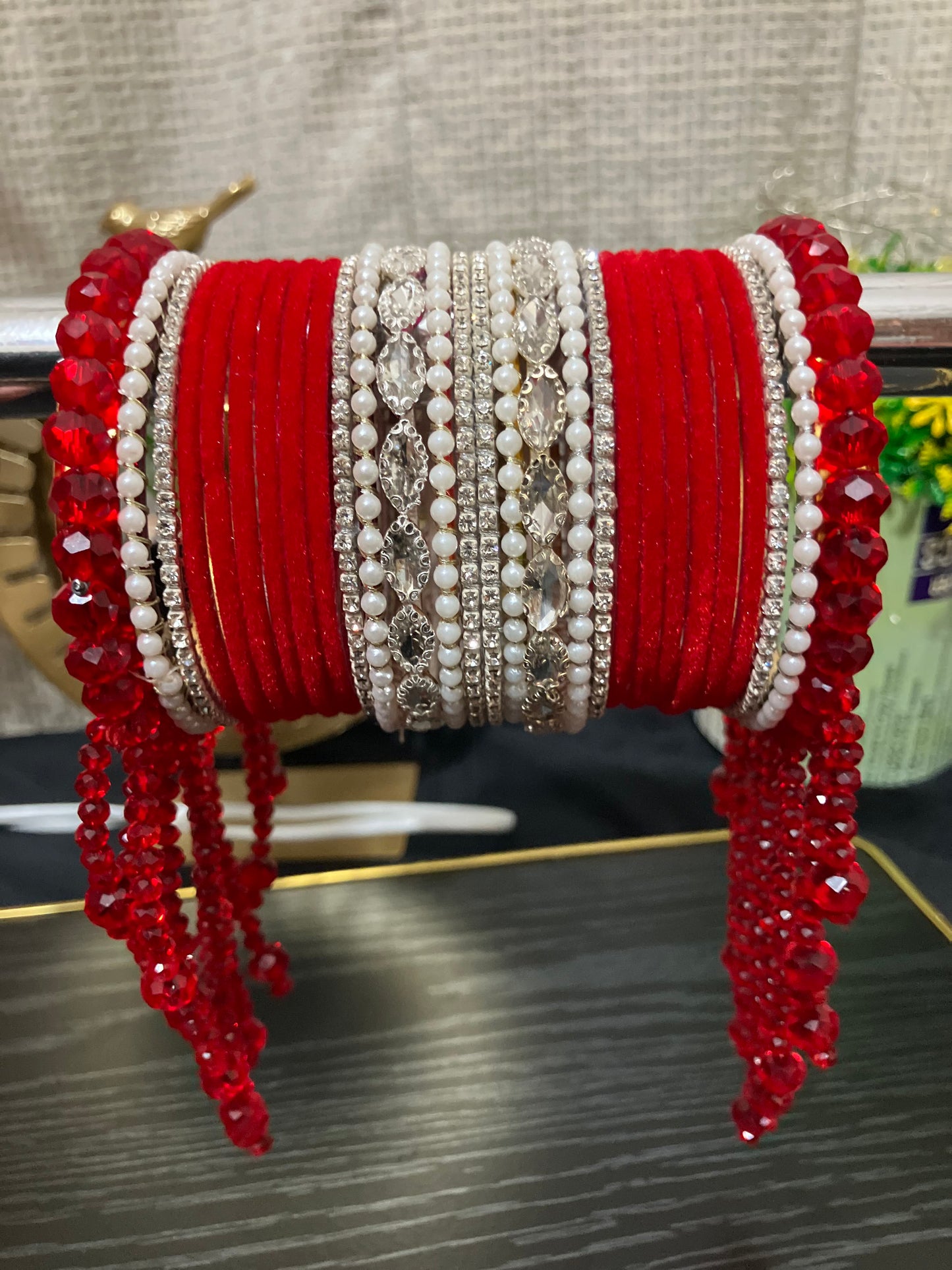 Crystal-Embellished Gajra with Velvet Bangles