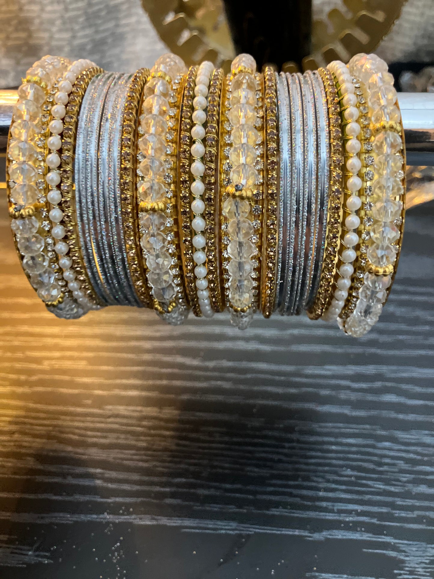 Elegant Pearl and Rhinestone Metal Bangles