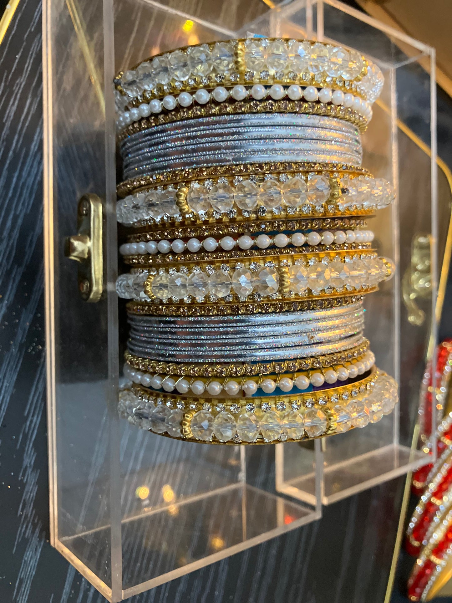 Elegant Pearl and Rhinestone Metal Bangles